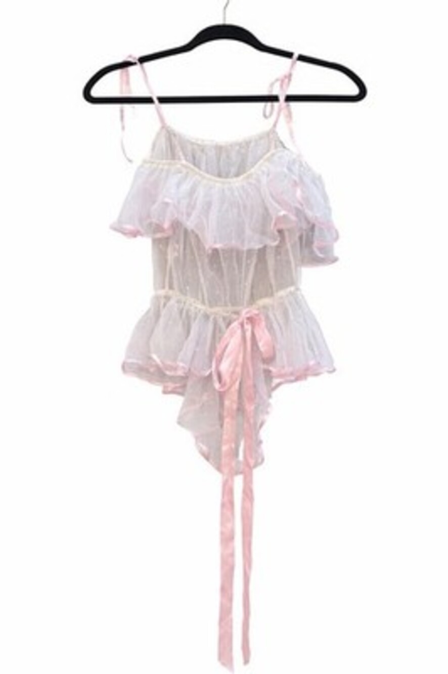 Vintage 80S White Sheer Baby Doll Lingerie Emily Bole Pink Hearts Ruffle Bow S